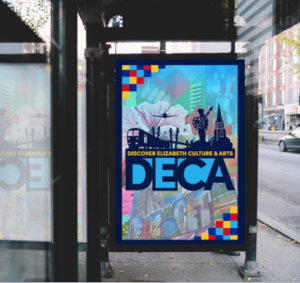 Bus stop in Elizabeth with the Discover Elizabeth Culture and Arts logo