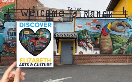 Colorful mural with the with the Discover Elizabeth logo in the corner