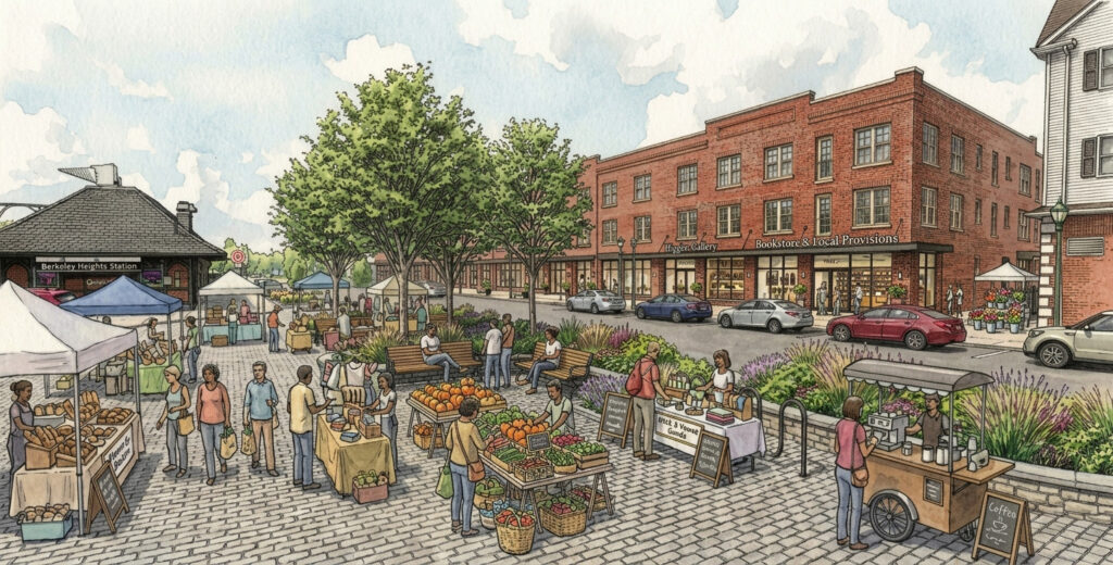 Watercolor-style rendering of a lively public plaza next to Berkeley Heights Station, featuring a farmers market with produce and bakery stands, a coffee cart, outdoor seating, trees and landscaping. Shops and brick buildings line the street in the background, with pedestrians, parked cars and market tents throughout the scene.