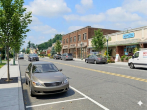 AI rendered image: Streetscape and infill development vision concept for Springfield Avenue.